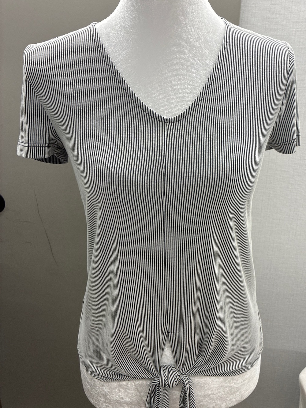 Ann Taylor Black & White Striped V-Neck Tie-Front Tee